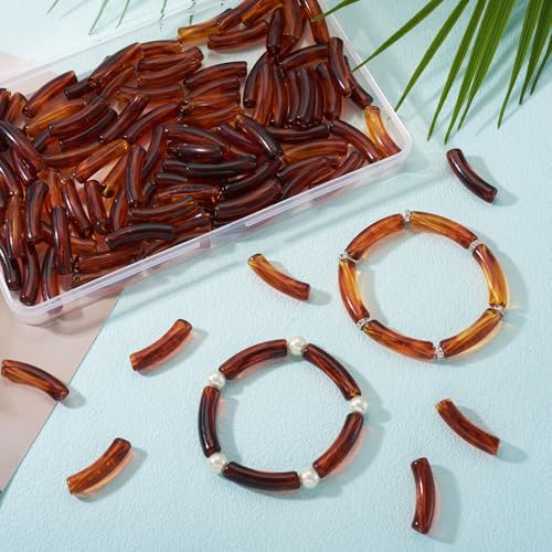 100 pcs Acrylic Tube Beads for Bracelets Amber Bangle Acrylic Beads Transparent Curved Chunky Bamboo Tube Bead for Jewelry Making Earring Crafts - color: Brown-100pcs