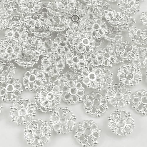 100pcs 8mm Flower Shape Metal Bead Caps Mini Alloy Spacer Beads Caps Accessories for DIY Craft Jewelry Making Bracelet Necklace Earring(Silver) - color: Silver, size: 8MM
