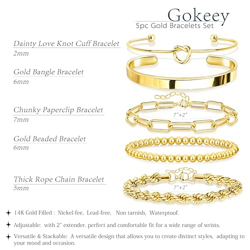 Gokeey Gold Bracelets Set for Women Non Tarnish, Waterproof 14K Gold Plated Sterling Silver Chunky Cuff Bracelet Stackable Gold Bangles Bracelet for Women Trendy Fashion Accessories Tie Knot Cuban Rope Paperclip Beaded Bracelet Stack Jewelry Mothers Day G