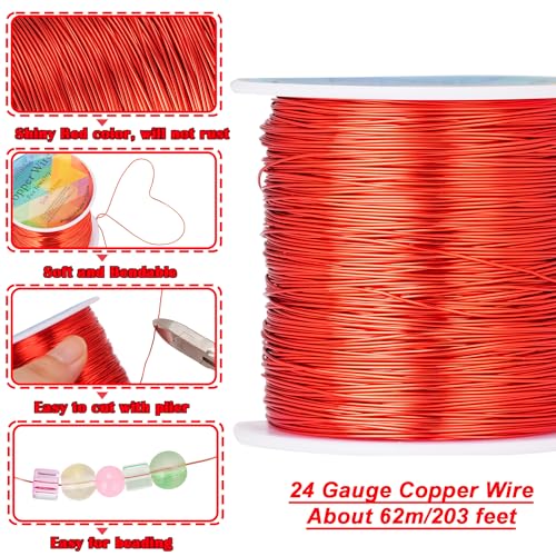 203 Feet Tarnish Resistant Copper Wires 24 Gauge/0.5mm Jewelry Craft Wires Beading Wire for Jewelry Making, Wire Wrapping and Crafting (Red) - color: Red, size: 24 Gauge