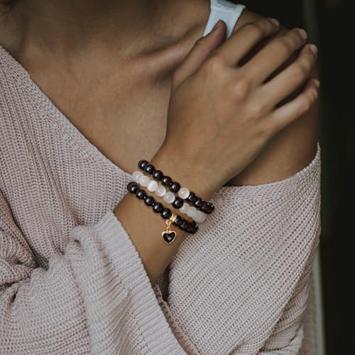 Vinswet Healing Crystal Beaded Bracelets for Women,Natural Amethyst Gemstones Bracelet,Anxiety Stress Relief Heart Charm Bracelet Handmade purple Jewelry Gifts for Women - color: Black agate&Moonstone