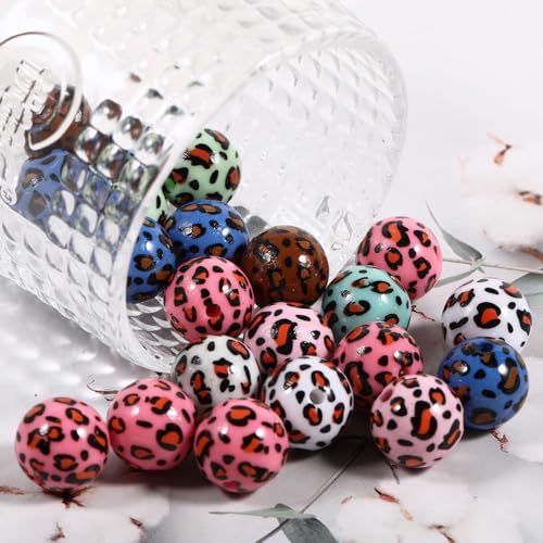 15Pcs Acrylic Beads Round 16mm Leopard Print Fit for DIY Jewelry Bracelet Necklace Keychain Beadable Pens Mobile Phone Chain Making Cute (Leopard Print-Mixed Color) - color: Leopard Print-Mixed color