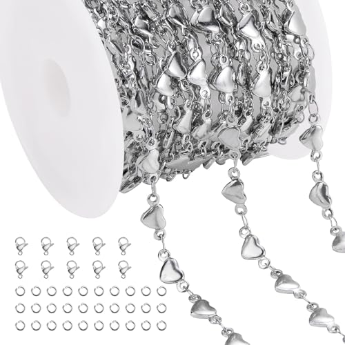 Jabogrii 13 Feet Silver Stainless Steel Jewelry Making Chains Bulk Handmade Heart Chain for Jewelry Making - color: Heart Silver
