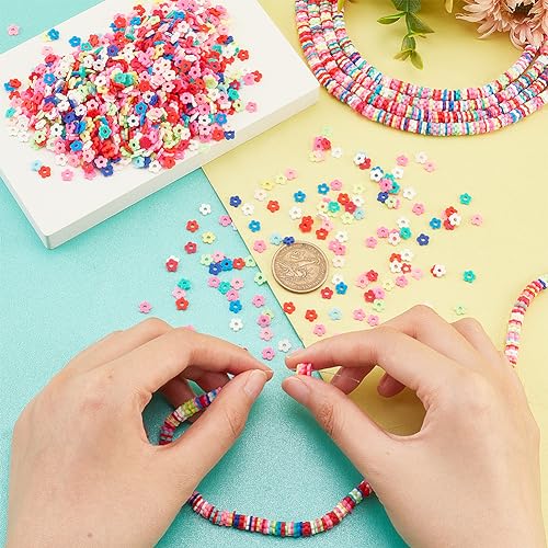 PH PandaHall 4600pcs Flower Heishi Bead 6mm Vinyl Disc Beads Flat Floral Polymer Clay Beads for Hawaiian Earring Choker Anklet Bracelet Necklace Jewelry Making Summer Surfer, Random Color