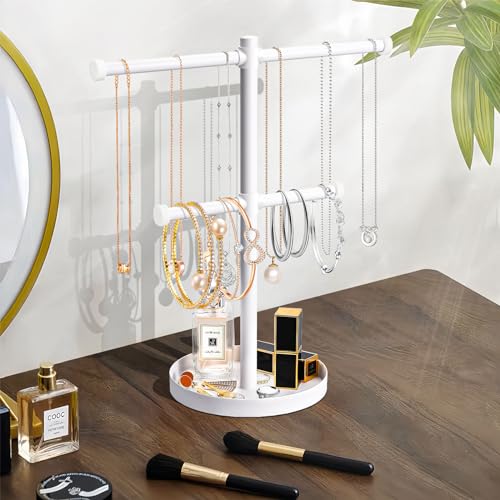 bodkar Necklace Holder Organizer Stand,2-Tier Sturdy Metal Jewelry Stand with Round Tray for Bracelet Bangles Holder Display,12.9" Tall for Long Necklace - color: White