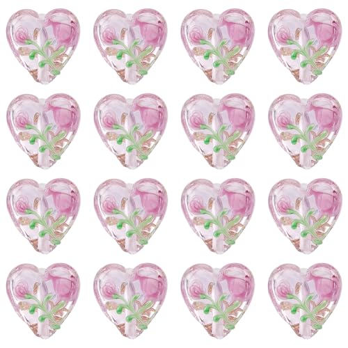 1 Box 20PCS Pink Heart Lampwork Beads Rose Flower Handmade Transparent Flat Glass Clear Floral Spring Garden Loose Spacer Bead Bulk for Jewelry Making Valentine's Day Bracelet Craft Supply
