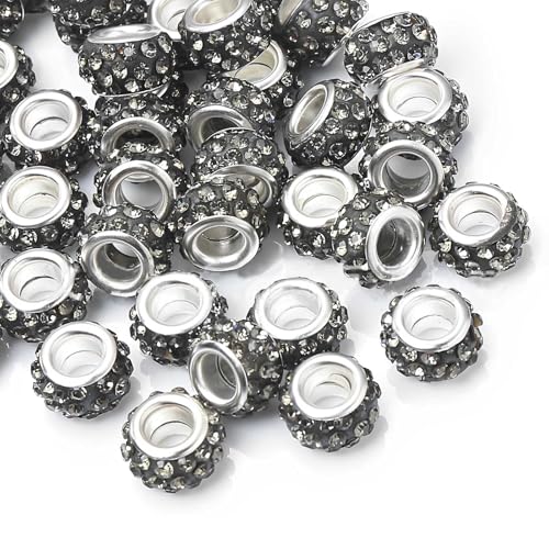 50 PCS Large Hole Crystal Charm Spacer Rhinestone Beads for Pens Making Bulk Beadable Pens Jewelry Making Supplies DIY Crafts Bracelet(Black, 12mm) - color: Black