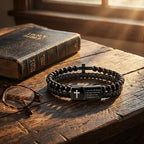 Mens Bracelet Fathers Gifts Day Black Braided Leather Stainless Steel Cross Jewelry Charming Bracelet Embedded with Black Agate Beads,Perfect for Wedding, Parties, and Everyday,Bible Verse Christian Religious Gift(7.5/8.5/9 Inch) - color: D+black+8.5
