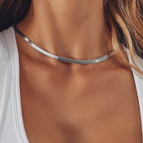 CHESKY Gold Necklace for Women-14K Plated/S925 sterling silver Snake Chain Necklace Dainty Simple Chunky Herringbone Necklace Gold Choker Necklaces Jewelry for Women Mothers Day Gifts for Mom - color: silver, style: 5mm 14 inch snake