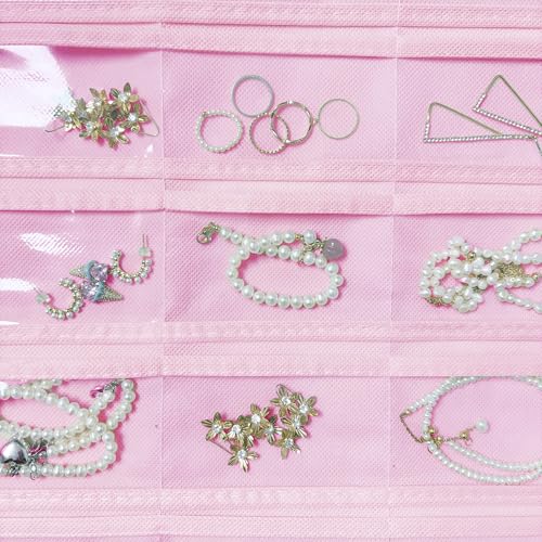 1 Pack Hanging Jewelry Organizer 80-Pocket Dual-sided Jewelry Storage for Earring Necklace Bracelet Ring Travel Holder, Pink - color: Pink