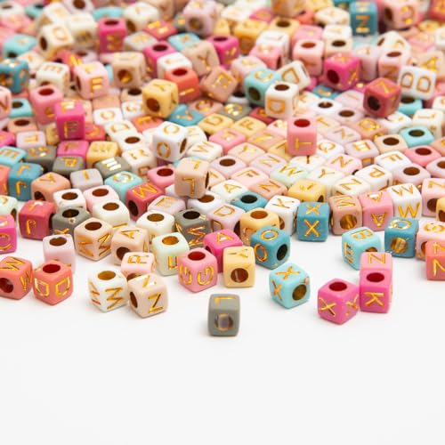 900pcs Square Colorful and Gold Letter Beads Acrylic 6x6mm Cube Beads for Bracelets Necklaces and Jewelry Making Alphabet Bead - color: Colorful-Gold
