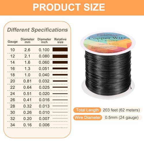 HARFINGTON Wire 203ft Length 24 Gauge Copper Craft Jewelry Wrapping Wire Tarnish Resistant Beading for Jewelry Making Supplies Crafting, Black - color: Black