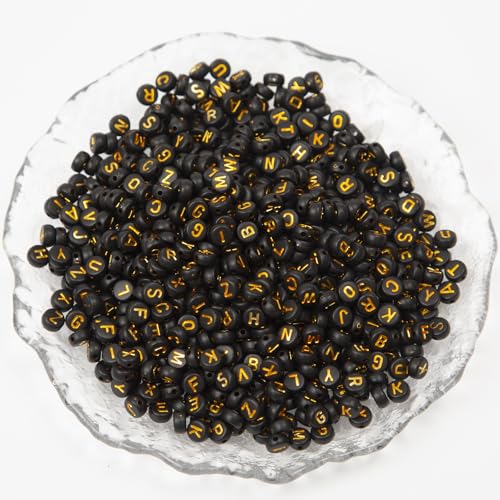 1000pcs 4x7mm Round Letter Beads Black Acrylic with Gold Letter Alphabet for Jewelry Making Friendship Bracelets (Gold Black) - color: gold Black