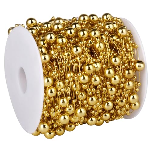 196FT Pearl Beads String Garland, 8mm 3mm Gold Faux Pearl Beads Roll Strands Bulk Spool for Wedding Party Flower Christmas Decoration DIY Craft - color: Gold Pearls, size: 196FT