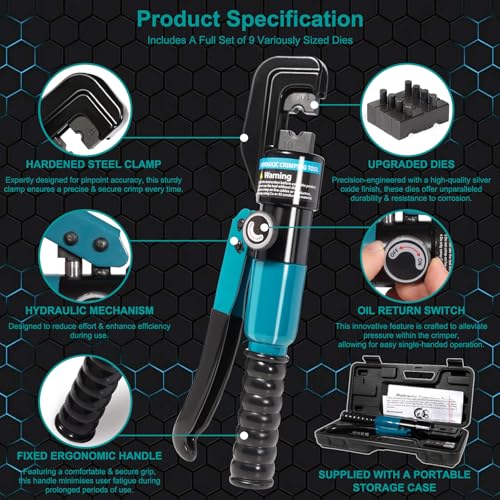 Brileine 10 Tons Hydraulic Crimping Tool with 9 Dies - Battery Cable Crimper Tool & Wire Rope Crimping Tool for 12 to 2/0 AWG, 1/16" 1/8" 3/16" Stainless Steel Cable Railing Tool