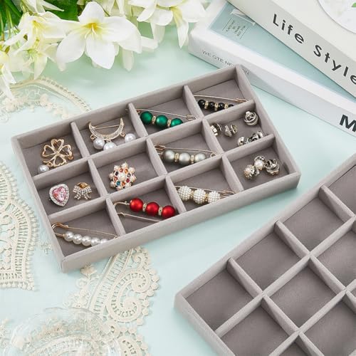 2Pcs 5 x 8.3 Inch Velvet Jewelry Trays Stackable Jewelry Organizer Removable Divider 12 Grids Divided Gray Necklace Storage Container Box Dresser Drawer Case for Earring Ring Display Showcase - style: 12 Grids