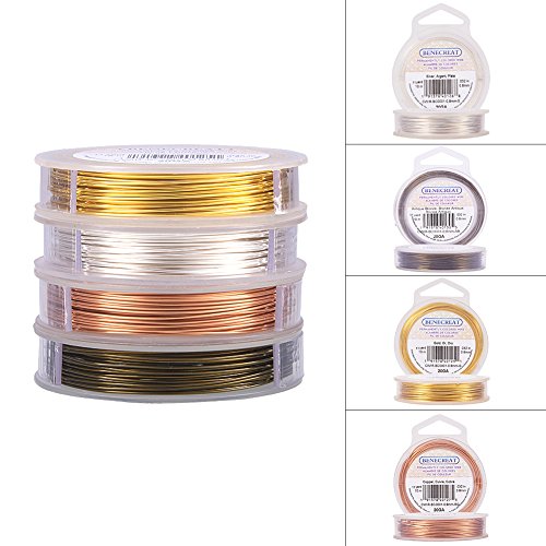 BENECREAT 4 Rolls 20-Gauge Tarnish Resistant Silver/Gold/Copper/Antique Bronze Coil Wire, 132-Feet/44-Yard in Total - color: Silver/Gold/Copper/Antique Bronze