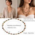 Long Boho Beaded Necklace for Women, Convertible Layered or Single Strand Necklace, Green Brown Irregular Stone Bead Necklace, Vintage Vacation Statement Jewelry