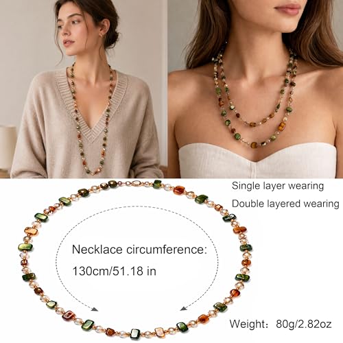 Long Boho Beaded Necklace for Women, Convertible Layered or Single Strand Necklace, Green Brown Irregular Stone Bead Necklace, Vintage Vacation Statement Jewelry