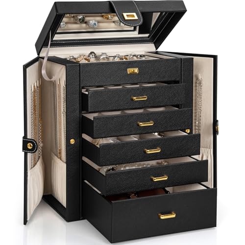 AKOZLIN Jewelry Box Organizer Functional Leather Jewelry Storage Case for Women Girls Ring Necklace Earring Bracelet Holder Organizer with Mirror Black - color: Black, size: Regular