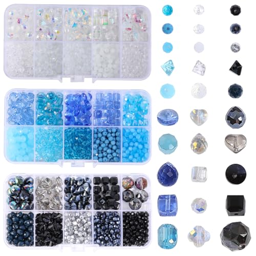 1550pcs Crystal Glass Beads for Jewelry Making Kit - Faceted AB Color & Clear Sparkle Suncatcher Beads, Assorted Shapes for DIY Bracelets, Necklace, Crafts & Suncatchers, Gift for Beginners - color: White Black Blue