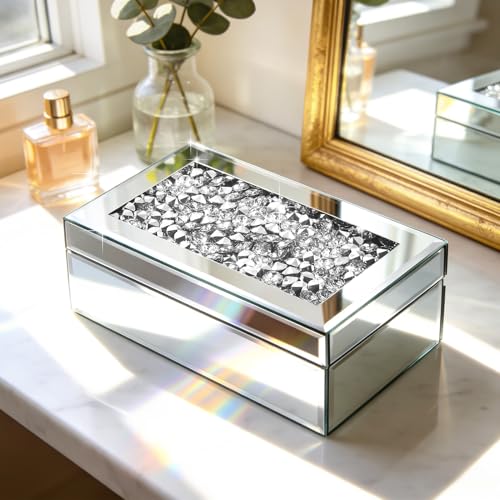 Luxury Mirrored Jewelry Box with Crushed Diamond - Glass Jewelry Box Organizer Storage for Women, Ring Holder Case for Dresser and Decorative - size: B