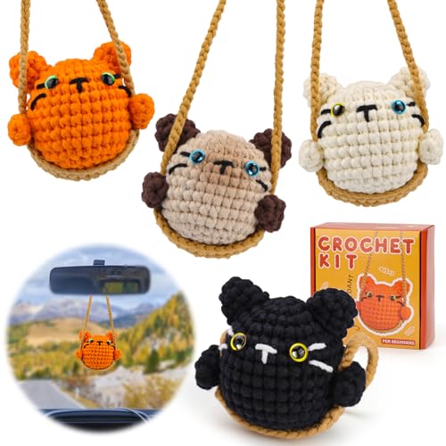 Kogyxe Crochet Kit for Beginners, Crochet Animal Kit for Decoration Car Hanging Ornament, Cat Knitting Kit with Yarn Crochet Hook, Crochet Starter Kit with Step-by-Step Video Tutorials - size: Cat Family