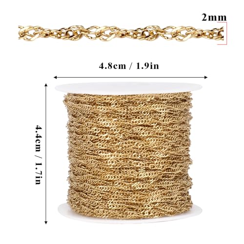 33 Feet Gold Singapore Chains Roll, 2mm 18K Gold PVD Plated 304 Stainless Steel Twisted Link Chain Bulk Spool for Jewelry Making DIY Craft - color: 2mm Gold Color