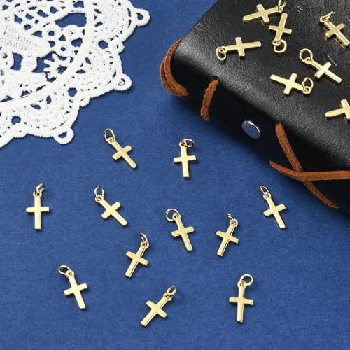 18K Gold Plated Cross Charms for Jewelry Making Brass Jesus Dangle Charm Cute Christ Pendants Bulk for Bracelets Necklaces Earrings DIY Crafts Supplies - color: 18K Gold 02