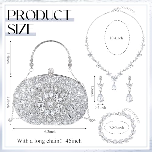 Quelay 4 Pcs Purse Rhinestone Jewelry Set Evening Clutch Bag Bling Crystal Necklace Dangle Earrings Bracelets Accessories - color: Silver, size: Stylish Style
