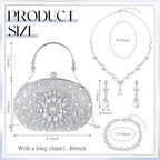 Quelay 4 Pcs Purse Rhinestone Jewelry Set Evening Clutch Bag Bling Crystal Necklace Dangle Earrings Bracelets Accessories - color: Silver, size: Stylish Style
