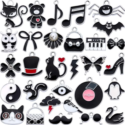 Silver-Tone Enamel Charms Set for DIY Jewelry Making - 30 PCS Colorful Metal Pendants for Bracelets, Necklaces, Keychains - Cute Craft Supplies, Gift for Womens - color: Black