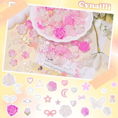 Cynailli 350 Pcs Junk Case Charms 3D Resin ABS Rose Flower Bows Butterfly Charm with Bows Moon Heart Pearls Fun Beads Flatback Resin Charms for Craft DIY-S2 - color: color-S2