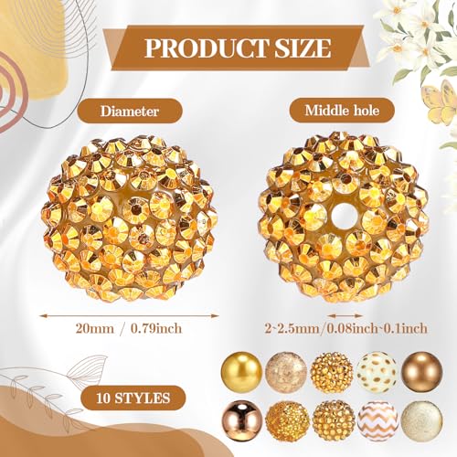 Ferreve 20 Pcs Chunky Bubblegum Beads 20mm Focal Pen Large Rhinestone Pearl Beads for DIY Beadable Pen School Jewelry Making Keychain Craft Making(Gold) - color: Gold