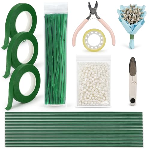 DIY Handmade Floral Art Tool Set, Money Flower Bouquet Making Kit Including ABS Pearls, Metal Wire, 2-Millimeter Diameter Flower Stems, Scissors, Pliers and Green Tape