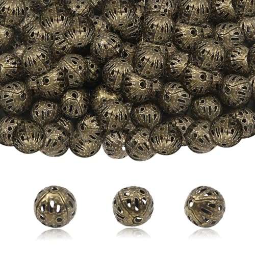 TOAOB 100pcs 6mm Antique Bronze Filigree Hollow Ball Beads Round Metal Loose Spacer Beads for DIY Crafts Bracelets Necklaces Earrings Jewelry Making - color: Antique bronze, size: 6mm