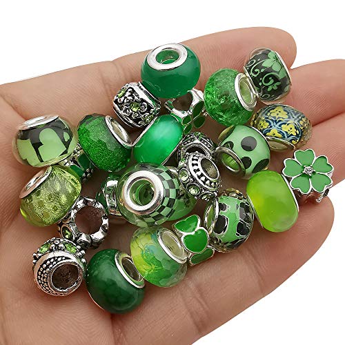 50pcs Assorted Green Resin Imitation Glass European Large Hole Beads Rhinestone Metal Spacer Charms Bead Assortments for DIY Crafts Bracelets Necklaces Jewelry Making (M574-Green) - color: Green