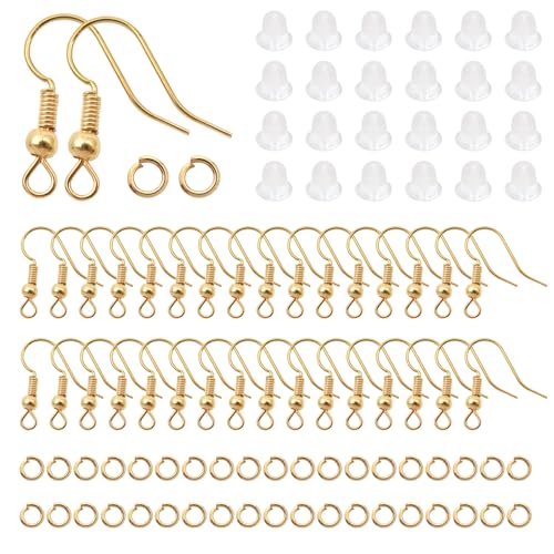 TOAOB 300pcs Earring Hooks Kits K Gold French Ear Wires with Ball and Coil 18mm Fish Hook Earring Making Supplies with Jump Rings and Clear Silicone Ear Backs for DIY Jewelry Findings - color: K gold