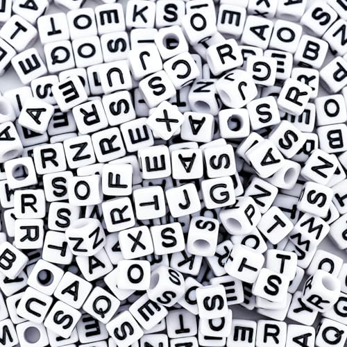 800Pcs White and Black Square Letter Beads A-Z, 6X6mm Acrylic Alphabet Beads for Friendship Bracelets Making - color: Black Letters White Beads