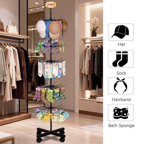 Retail Display Stand Store Display Rack 6 Tier Metal Spinning Display Stand Rack with Wheels Keychain Jewelry Stocking Hat Stand with Hooks for Malls, Showroom, Retail Store (6 Tier Black) - color: 6 Tier Black