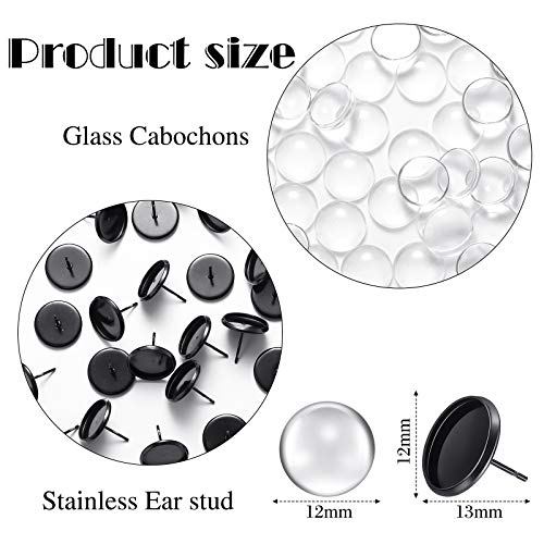 Hicarer 200 Pieces Stud Earring Kit, Including 50 Pieces 12 mm Stainless Steel Blank Stud 50 Rubber Back, 50 Pieces 12 mm Clear Glass Cabochons 50 Stainless Steel Earring Back for DIY Making (Black) - color: Clear