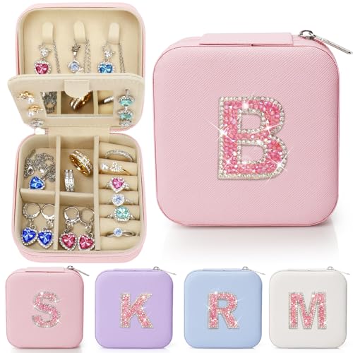 Sparkling Initial Jewelry Box Organizer,Personalized Travel Jewelry Box for Girls & Women,Glitter Rhinestone Jewelry Case Gifts for Easter, Birthday & Christmas,Small Size (Pink, B) - color: Pink, size: B