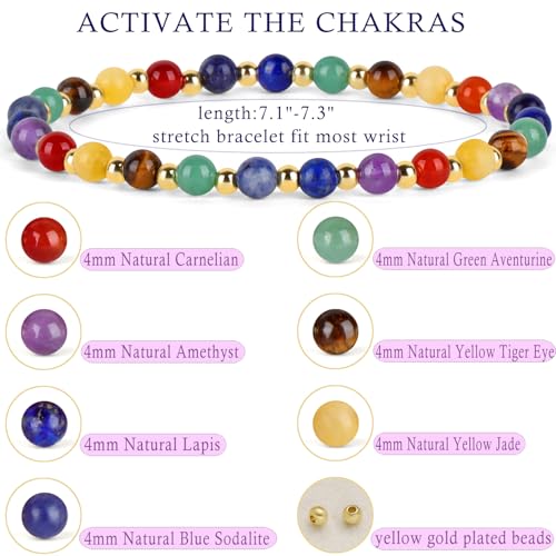 QOGIR 14k gold Handmade Healing Bracelet, Natural Gem Stone Crystal Elastic Gold Bracelet - color: 7 Chakra - Activate The Chakras, size: 4m