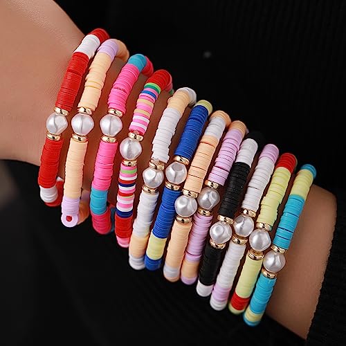 COLORFUL BLING 5-12Pcs Bohemian Love Heart Bead Bracelets for Women Vinyl Disc Heishi Surfer Stackable Stretch Bracelet Summer Beach Boho Jewelry - color: 12pcs pearl