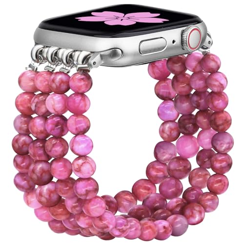 Newlibery Natural Stone Bracelet Beaded-Bands Women Compatible with Apple Watch 38mm 40mm 41mm 42mm (S10/11) Feminine Cute Handmade Stretch Strap for iWatch Series 11/10/9/8/7/6/5/4/3/2/1 SE 3/2/1 - color: A9 Rose Red, size: 38/40/41/42mm(S10/11)