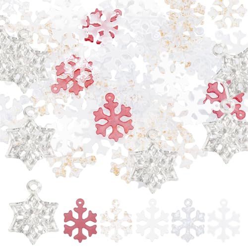SUNNYCLUE 1 Box 120Pcs 6 Colors Christmas Snowflakes Charms Resin Snowflake Charm Bulk Transparent Red White Tiny Glitter Xmas Winter Snow Shaped Mini Charm for Jewelry Making Charms DIY Earring Craft - style: Chic