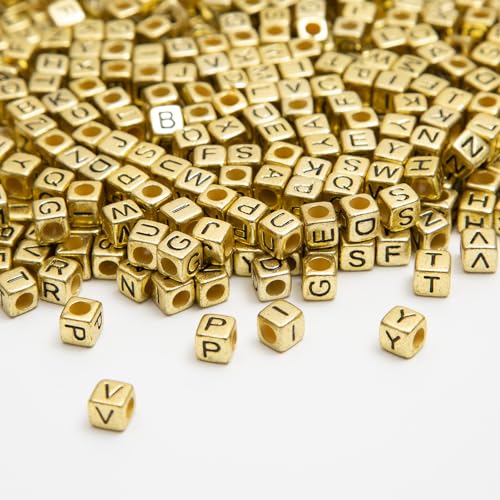 1000pcs Square Letter Beads for Bracelets, 6x6mm Gold Cube Alphabet A-Z Beads for Jewelry Making Friendship Bracelets (Cube Gold) - color: 6x6mm gold