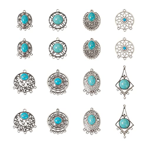 Mega Pet 16Pcs Turquoise Alloy Chandelier Components Tibetan Style Flat Round Oval with Stone Connector Charms Antique Filigree Link Charms for Women DIY Necklace Earring Jewelry Making - color: Mixed Shapes