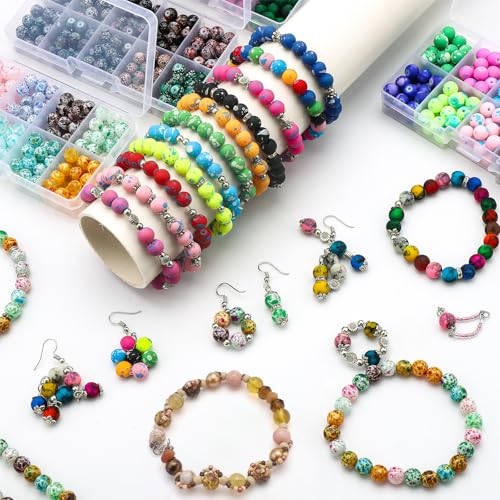 8mm Glass Beads for Jewelry Making, 200pcs Ice Flower Round Bracelet Beads Crystal Loose Beads for Bracelets Necklaces Earrings DIY Jewelry Making and Christmas Accessories - color: Style 1