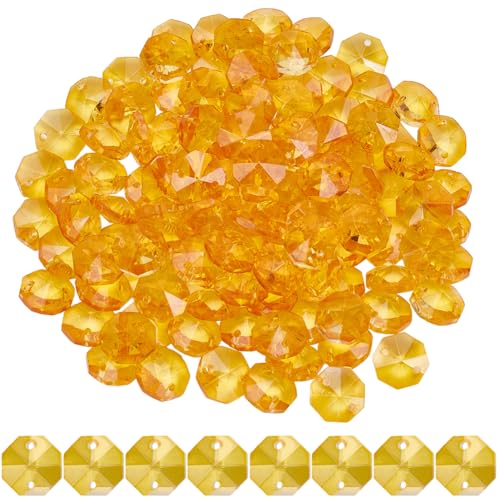 1 Box 120Pcs 14mm Crystal Glass Octagon Beads 2 Hole Prism Bead Bulk Yellow Glitter Chandelier Replacement Connector Suncatcher Faceted Spacers for DIY Lamp Hanging Ornament Pendant Adults - color: Yellow